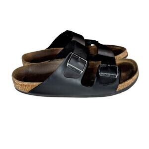 Birkenstock Arizona Black Oiled Leather Two Strap Slides Sandals Women's Shoes 9